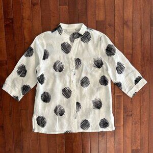 Tweeds White Linen Button Down Women’s Shirt with Black Embroidery Size Large
